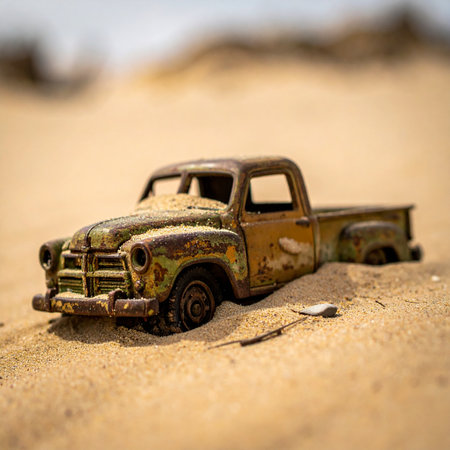 A close-up of a forgotten, rusty vintage toy truck half-buried in the desert sand.の素材