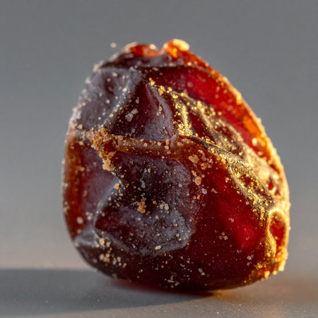 A single, luscious Medjool date is captured in a dramatic close-up, its wrinkled skin glistening with natural sugar crystals under a warm backlight.の素材