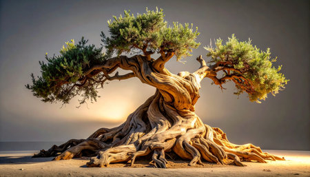 A symbol of endurance and timeless wisdom, this ancient olive bonsai tree stands as a living sculpture.の素材