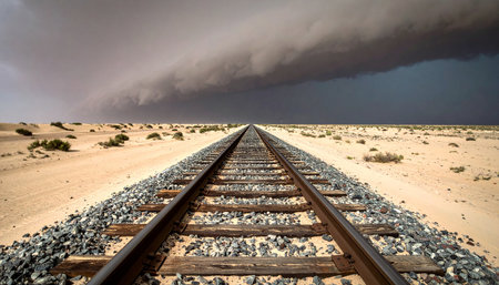 A straight set of railroad tracks cuts through a vast, arid desert, leading directly into the heart of a dark and ominous storm gathering on the horizon.の素材