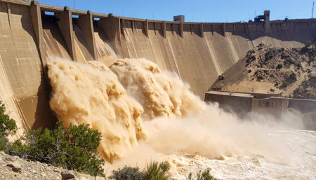 With immense force, the spillway gates of a massive concrete dam open, unleashing a powerful torrent of muddy, sediment-rich water.の素材