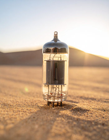 A lone, vintage vacuum tube stands as a forgotten relic in the vast desert sand.の素材