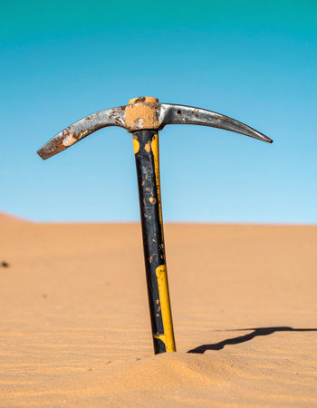 A lone, weathered pickaxe stands forgotten in the vast expanse of a sun-drenched desert.の素材