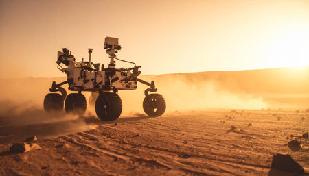 A lone robotic rover traverses the dusty, red terrain of Mars, kicking up soil as it embarks on a mission of discovery.の素材