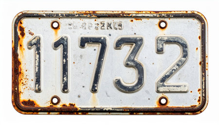 An old, weathered license plate, its edges consumed by rust, tells a silent story of countless miles traveled.の素材
