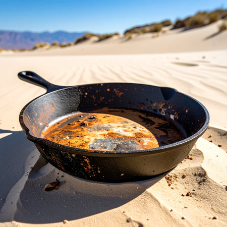 A lone, rusty cast iron skillet sits half-buried in the warm sand of a vast desert dune.の素材