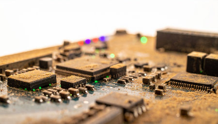 A detailed macro photograph captures the intricate landscape of a modern circuit board.の素材