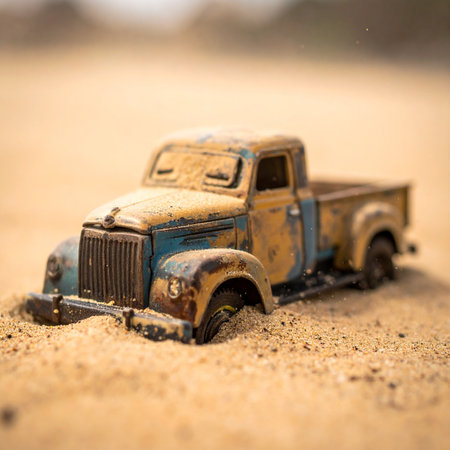A weathered and rusty miniature pickup truck lies half-buried in the desert sand, a forgotten relic of past adventures.の素材