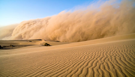 A colossal wall of sand and dust, a powerful haboob, advances across the rippled desert dunes.の素材
