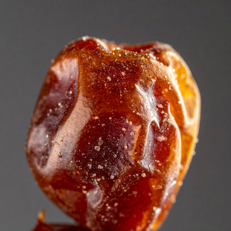 A detailed macro photograph capturing the rich texture and natural sugar crystals of a single, luscious date fruit.の素材