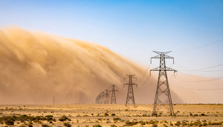 A colossal wall of sand and dust advances across a barren desert, threatening to swallow the landscape whole.の素材