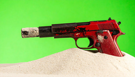 A powerful visual metaphor for peace and non-violence. A bright red handgun, a symbol of conflict, is rendered harmless with a simple cork in its barrel.の素材