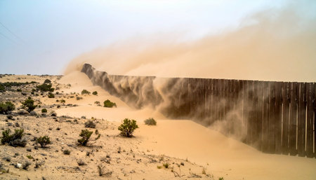 A powerful sandstorm rages across a desolate desert landscape, relentlessly battering a long border fence.の素材