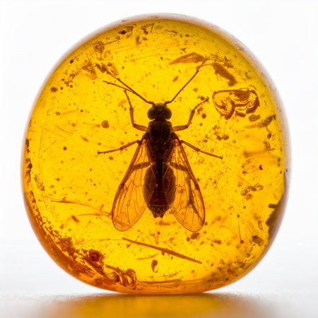 Frozen in a golden moment of prehistoric time, an ancient fly is perfectly preserved within a polished sphere of amber.の素材