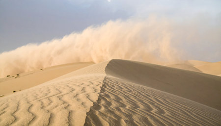 A powerful gust of wind lifts a massive cloud of sand, creating a dramatic sandstorm that sweeps across the vast, rippled dunes of an arid desert.の素材