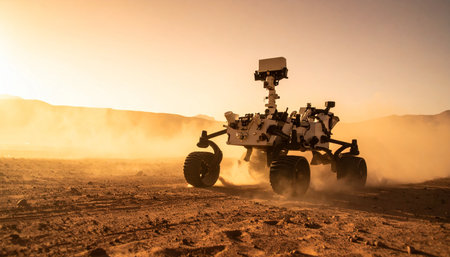 In the golden light of a Martian sunset, a robotic rover kicks up red dust as it continues its lonely mission across the vast, alien terrain.の素材