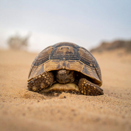 In the quiet expanse of a sandy landscape, a shy tortoise seeks refuge within its protective shell.の素材