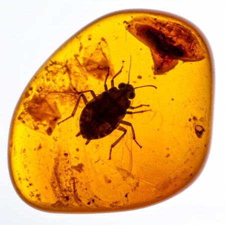 A glimpse into a prehistoric world, where an ancient insect is perfectly preserved within a golden piece of amber.の素材