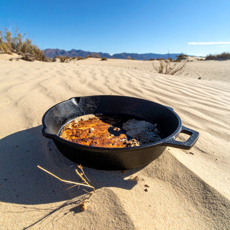 A cast iron skillet sizzles under the bright desert sun, cooking a simple meal directly on a sand dune.の素材
