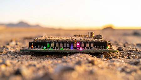 In the warm light of a desert sunset, an abandoned electronic device flickers to life.の素材