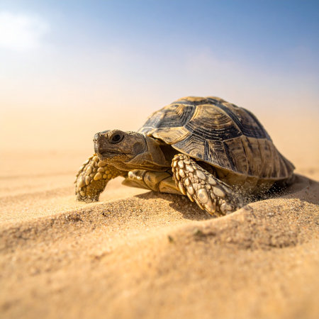A determined tortoise makes its slow and steady journey across a vast, sun-drenched sand dune.の素材