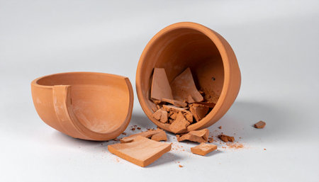 A terracotta clay pot lies shattered and broken on a stark white background.の素材