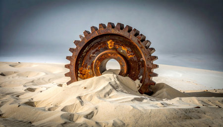 A lone, rusted cogwheel, a forgotten relic of a bygone industrial era, lies partially buried in the shifting desert sands.の素材
