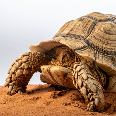 A magnificent Sulcata tortoise makes its steady way across the warm, red sand.の素材