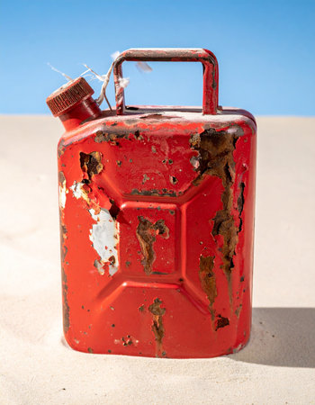 An old, rusty red gas can sits abandoned on the hot sand, a forgotten relic of a past journey.の素材