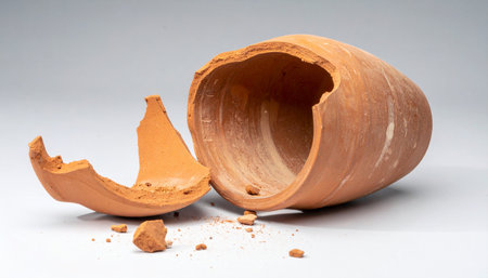 A terracotta clay pot lies shattered and broken on a neutral gray background.の素材