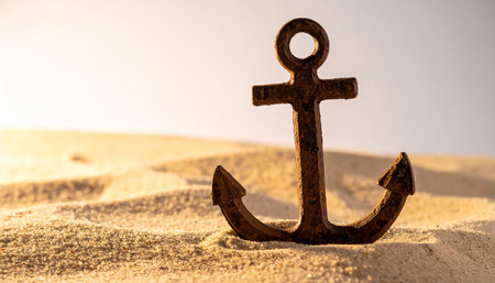 An old, weathered anchor rests firmly in the warm, golden sand as the sun casts a gentle glow.の素材