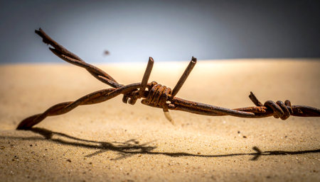 A close-up view of weathered, rusty barbed wire resting on a gritty, textured surface.の素材