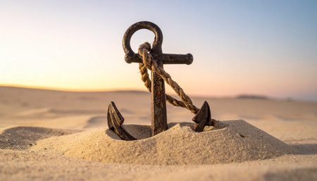 A weathered, rusty anchor rests firmly in the soft sand as the sun sets on the horizon.の素材