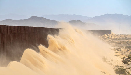 Powerful winds whip across the arid landscape, piling sand dunes against an imposing border fence.の素材