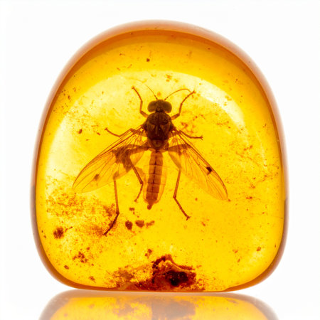 A prehistoric fly is perfectly preserved within a polished piece of golden amber, a natural time capsule from millions of years ago.の素材