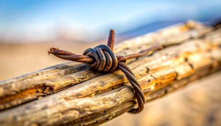 A macro shot captures the intricate detail of rusty barbed wire tightly wound around a weathered wooden post.の素材