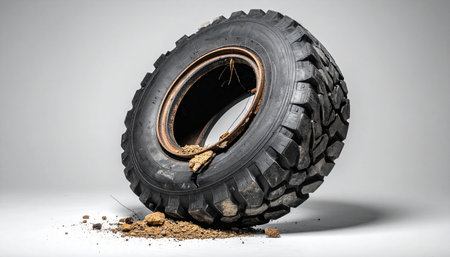 Isolated against a clean background, this rugged off-road tire tells a story of countless miles and tough terrains.の素材
