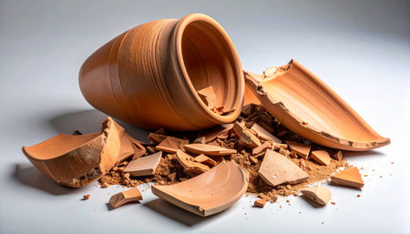 A terracotta clay pot lies shattered and broken on a clean white surface. The fragments and dust represent concepts of failure, fragility, disappointment, and the end of a project or dream.の素材
