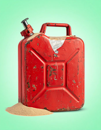 An old, weathered red jerry can, a symbol of fuel and energy, sits isolated.の素材