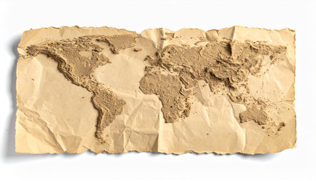 An ancient world map, sculpted from sand and earth, rests on a piece of crumpled, time-worn paper.の素材
