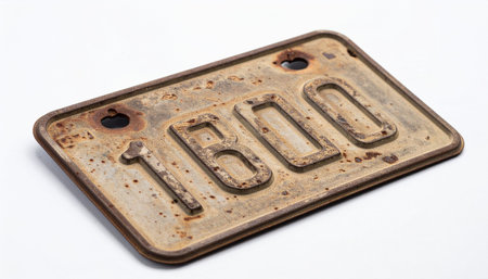 A close-up of a heavily corroded and rusted antique license plate, isolated on a clean white background.の素材