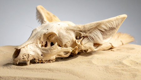 A weathered animal skull lies partially buried in the shifting desert sands, a stark reminder of the harsh realities of nature and the relentless passage of time.の素材