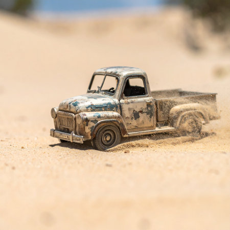 A weathered and rusty miniature pickup truck sits abandoned in the vast expanse of sand, a forgotten relic of childhood adventures.の素材
