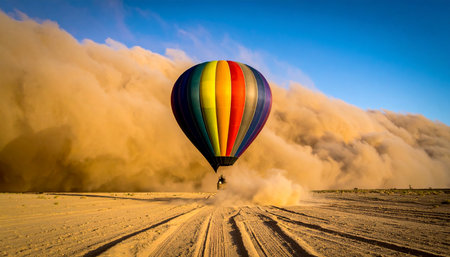 A vibrant, multi-colored hot air balloon bravely ascends against the dramatic backdrop of a massive desert sandstorm.の素材