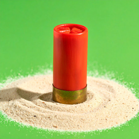 A single red shotgun shell stands starkly in a circle of sand, its bold color contrasting sharply with the vibrant green background.の素材
