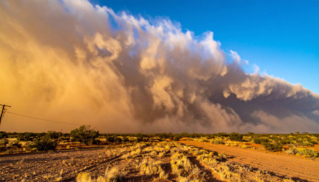 A colossal wall of orange dust, a powerful haboob, advances across a barren desert landscape under a stark blue sky.の素材