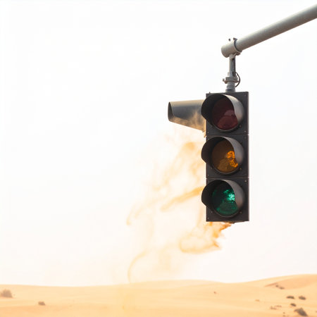 In a vast, forgotten desert under a stark white sky, a lone traffic light hangs, its signals glowing for no one. A gust of wind kicks up a cloud of sand, a fleeting ghost on a road that never was.の素材