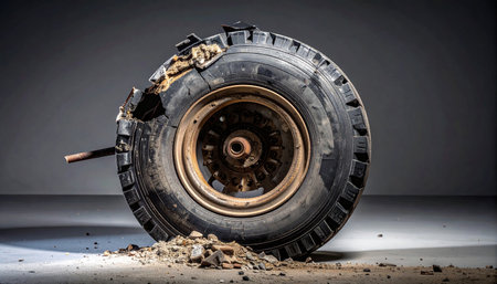 Isolated against a dark background, a single wheel tells a story of catastrophic failure.の素材