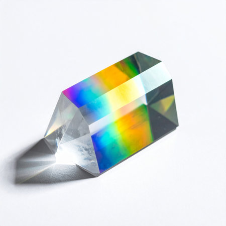 A single beam of white light enters a clear glass prism, transforming into a vibrant spectrum of color.の素材