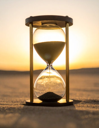 As the sun dips below the horizon, casting a warm golden glow, an hourglass marks the final moments of the day.の素材
